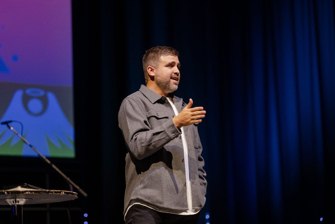 Teaching from the stage on a Sunday morning.